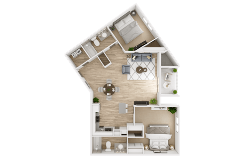 Floor plan for 2 beds, 2 baths, 1236 sqft